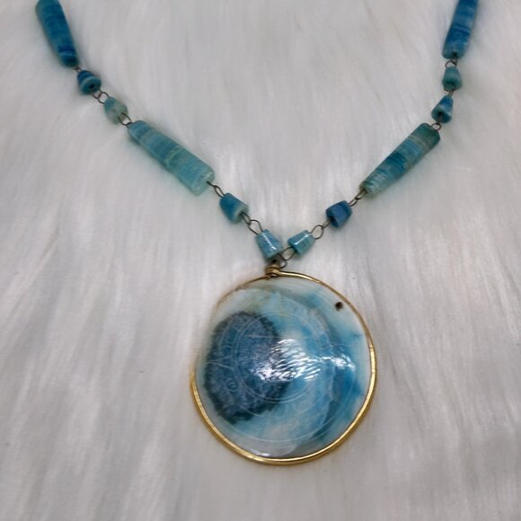 Jewelry - Carved AZTEC SunTurquoise Agate Stone Branded Pendant Necklace 15"L